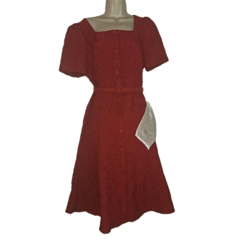 Goelia Sz L Retro‎ A Line Floral Jacquard Belted Midi Dress Puff Sleeve Red New